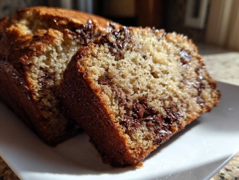 Two slices of moist banana bread recipe featuring melted chocolate chips, served on a white plate.