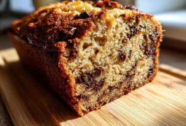 Close-up of a moist chocolate chip banana bread recipe loaf, showing the crumb texture and melted chocolate chips.