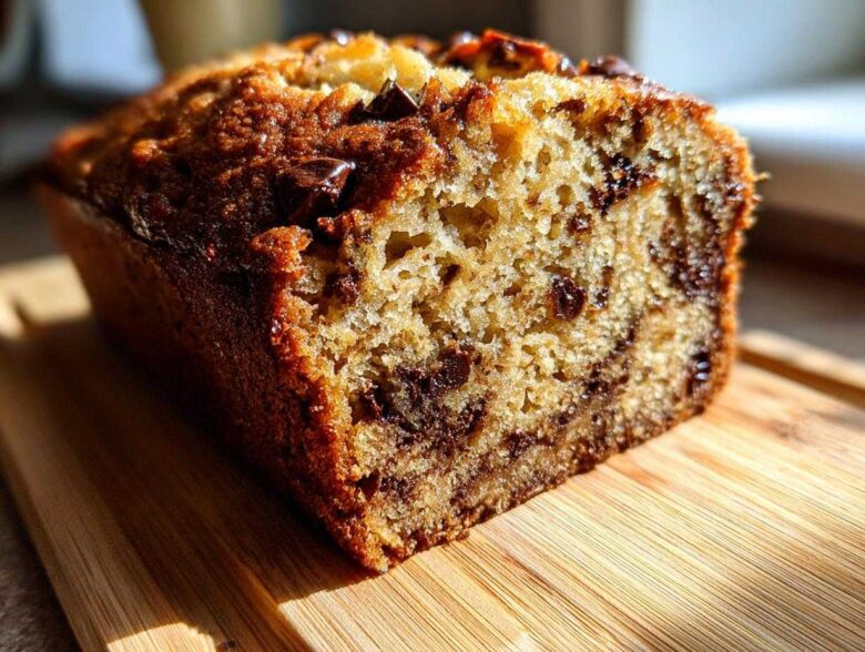 Close-up of a moist chocolate chip banana bread recipe loaf, showing the crumb texture and melted chocolate chips.