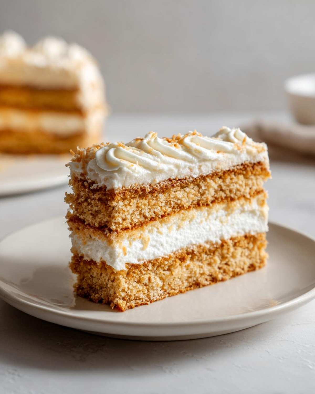 A tall, moist slice of layered coconut cake featuring golden sponge, white filling, and piped frosting topped with toasted coconut.
