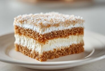 Close-up of a layered slice of moist coconut cake featuring brown cake layers, white cream filling, and toasted coconut topping.
