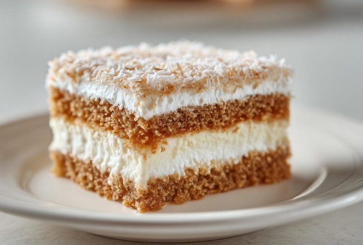 Close-up of a layered slice of moist coconut cake featuring brown cake layers, white cream filling, and toasted coconut topping.