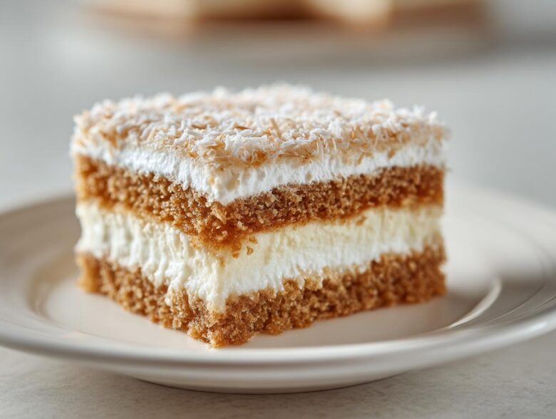 Close-up of a layered slice of moist coconut cake featuring brown cake layers, white cream filling, and toasted coconut topping.