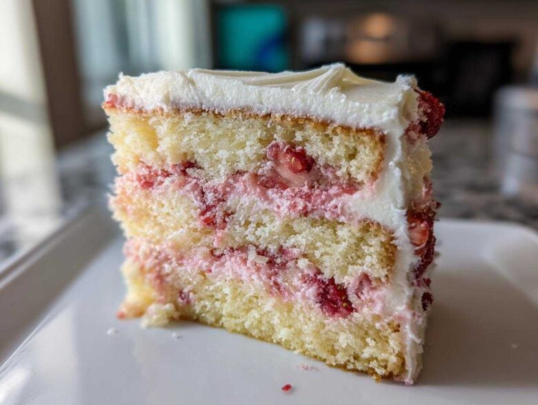 Close-up of a moist slice of three-layer strawberry cake with white frosting and visible fresh strawberry filling.