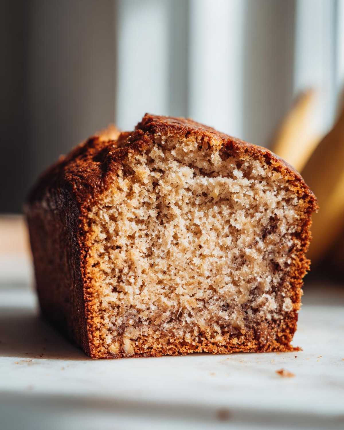 Close-up of a moist slice of greek yogurt banana bread showing its tender crumb and golden-brown crust.