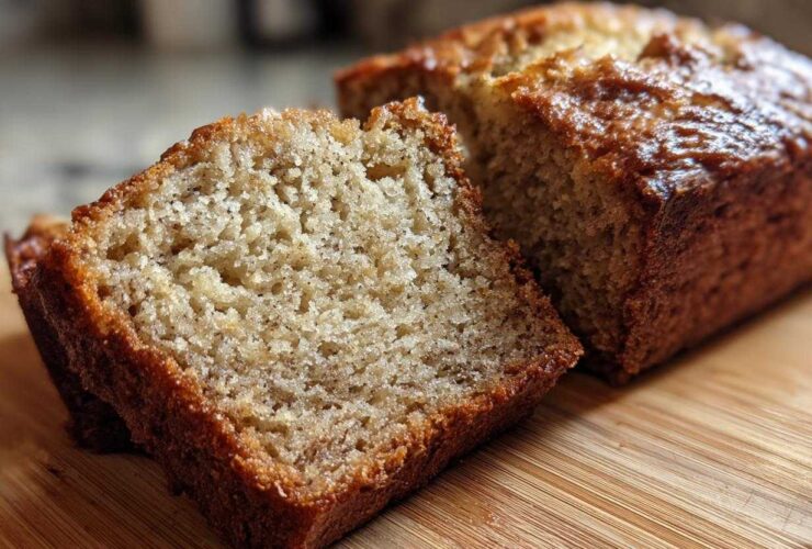 Close-up of a moist slice of greek yogurt banana bread showing its tender crumb and golden-brown crust.