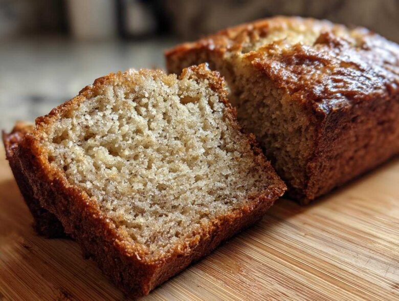 Close-up of a moist slice of greek yogurt banana bread showing its tender crumb and golden-brown crust.