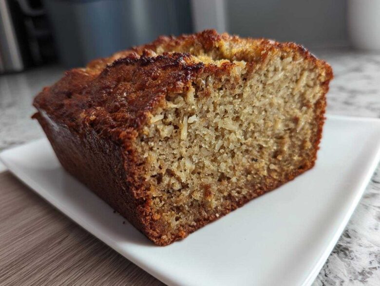 A close-up view of a freshly baked slice of moist hawaiian banana bread with a dark, caramelized crust.