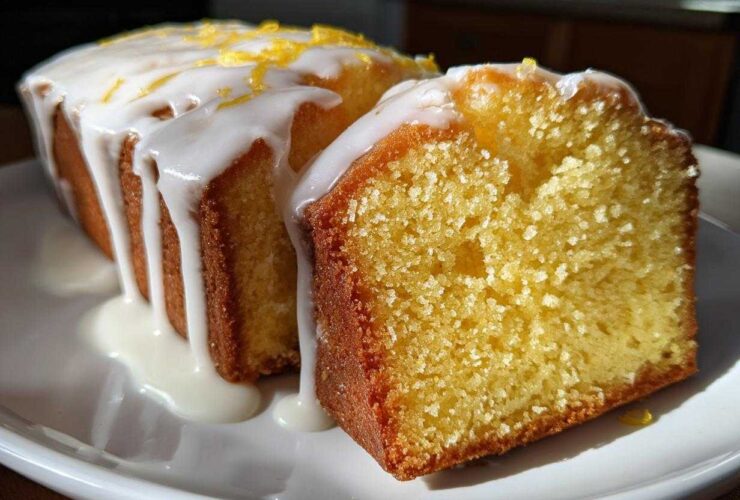 Close-up of a moist lemon pound cake, sliced to show the crumb, covered in white glaze and lemon zest.
