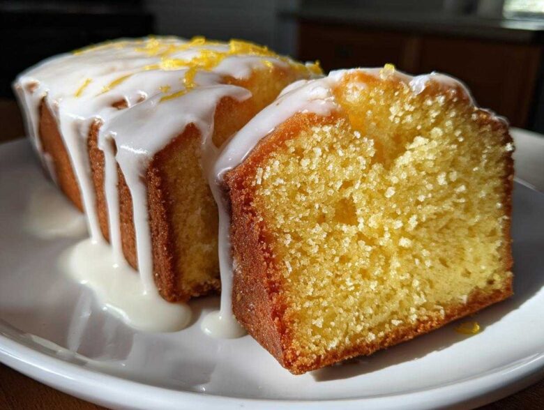 Close-up of a moist lemon pound cake, sliced to show the crumb, covered in white glaze and lemon zest.