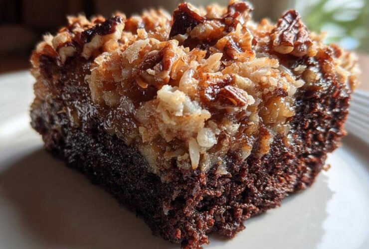 Close-up of a rich slice of german chocolate poke cake topped with gooey coconut and pecan frosting.