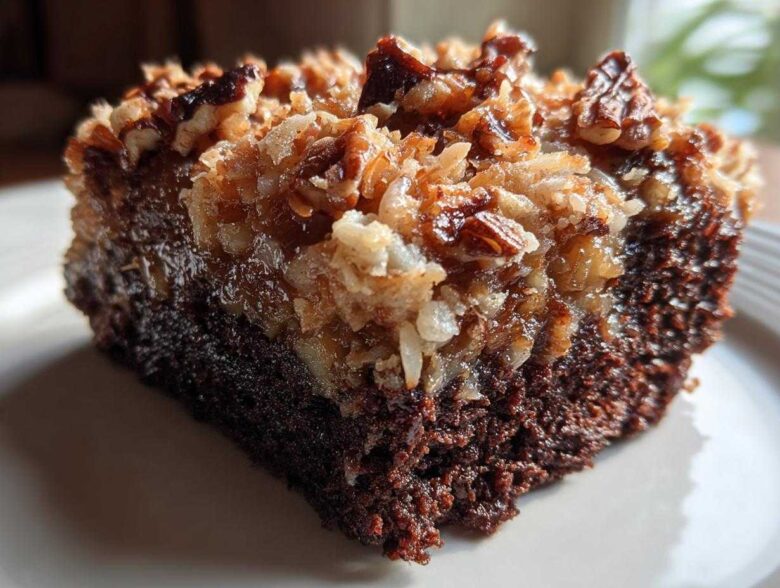 Close-up of a rich slice of german chocolate poke cake topped with gooey coconut and pecan frosting.