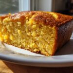 Close-up of a moist slice of golden sourdough cornbread resting on a white plate.