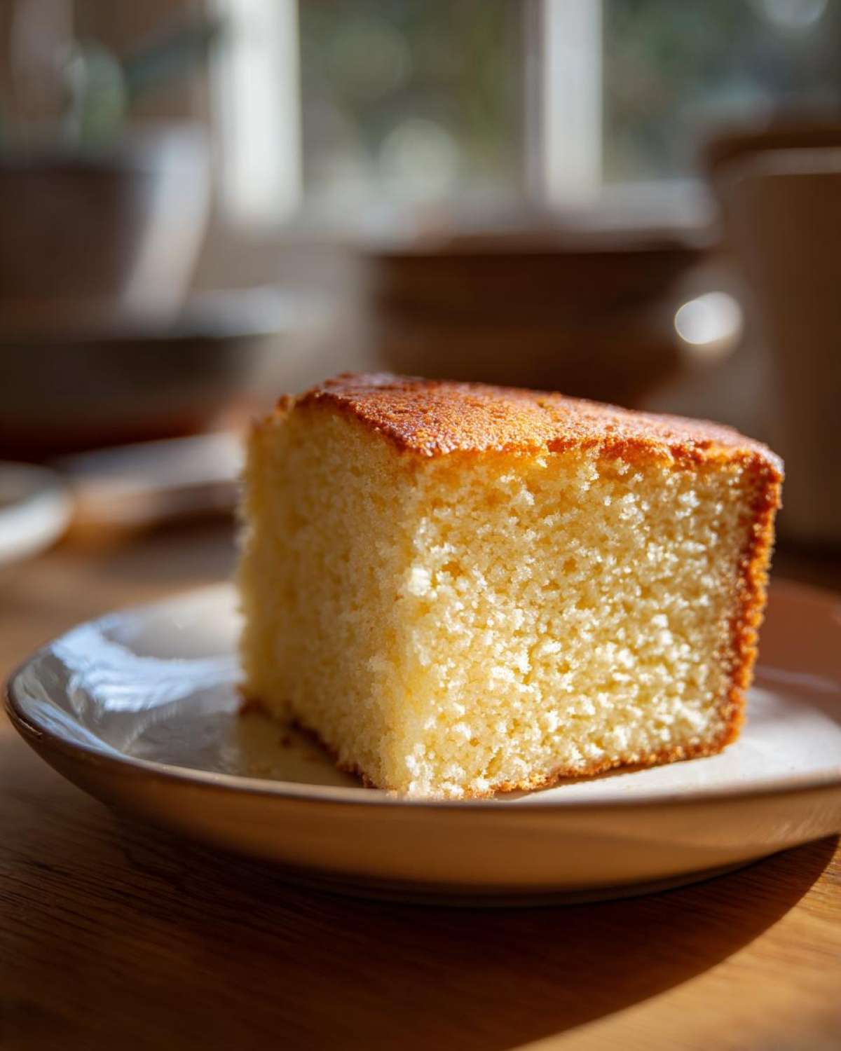 Close-up of a single, moist slice of golden sourdough cornbread sitting on a small ceramic plate.