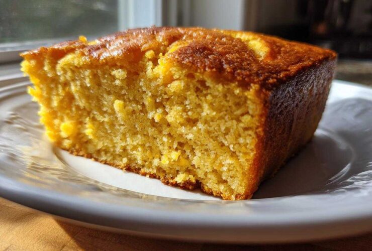 Close-up of a moist slice of golden sourdough cornbread resting on a white plate.