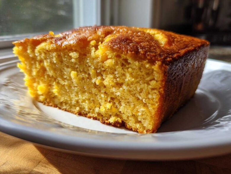 Close-up of a moist slice of golden sourdough cornbread resting on a white plate.