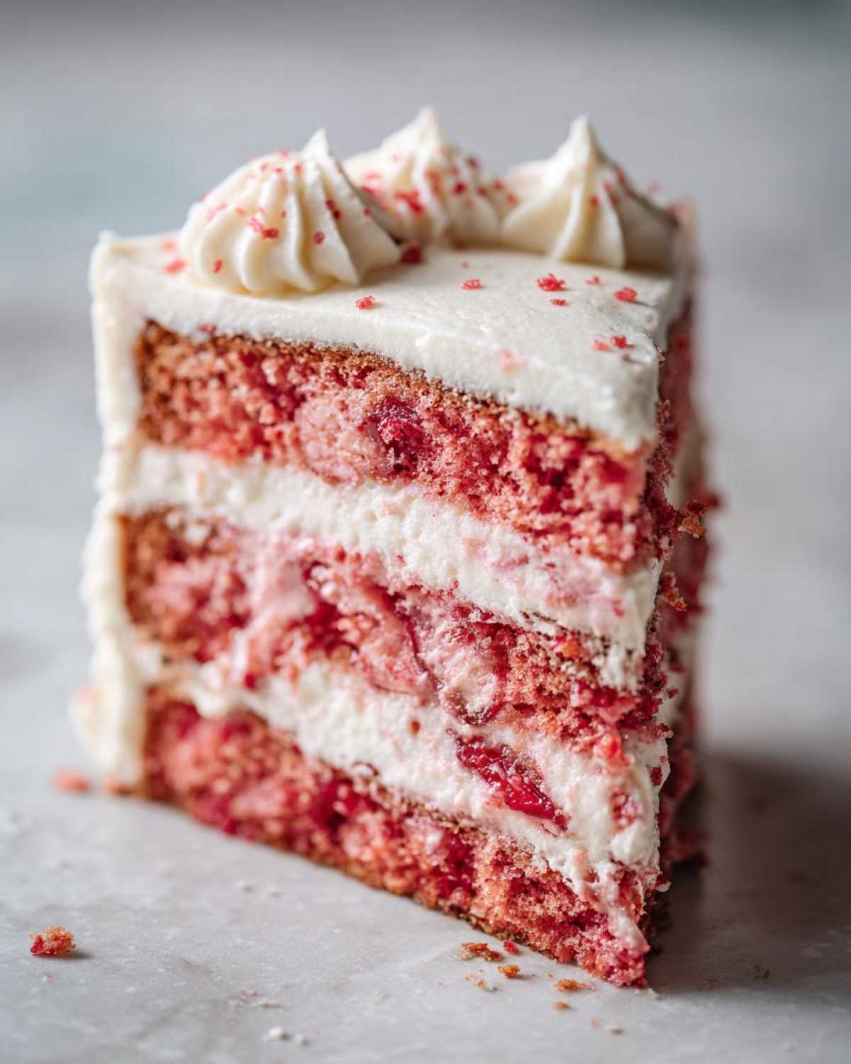 Close-up of a tall slice of moist strawberry cake with layers of pink cake and white cream filling, topped with frosting swirls.