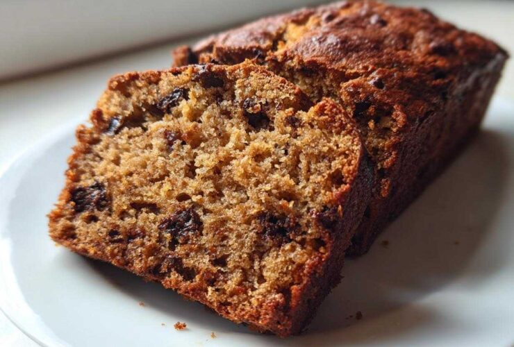 Close-up of two slices of moist vegan banana bread with visible chocolate chips on a white plate.