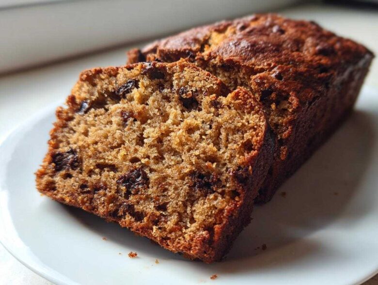 Close-up of two slices of moist vegan banana bread with visible chocolate chips on a white plate.