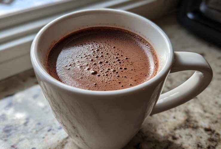 Close-up of a white mug filled with rich, frothy crockpot hot chocolate recipe.