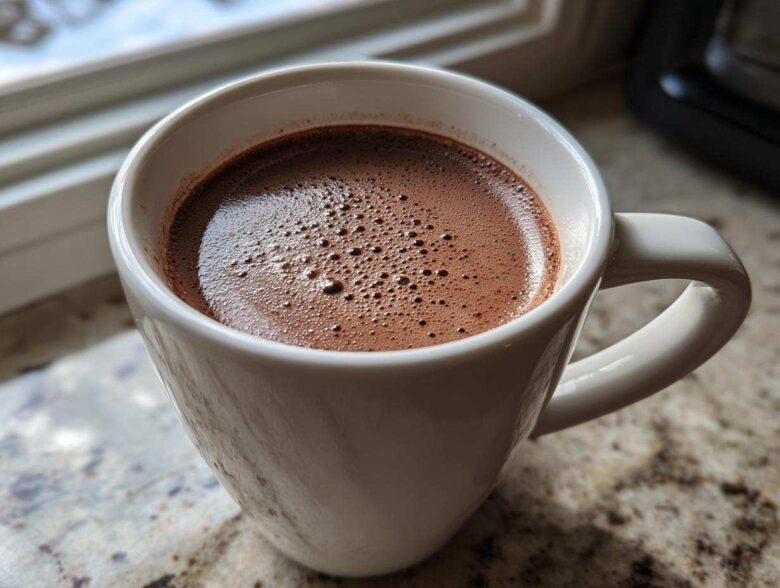 Close-up of a white mug filled with rich, frothy crockpot hot chocolate recipe.