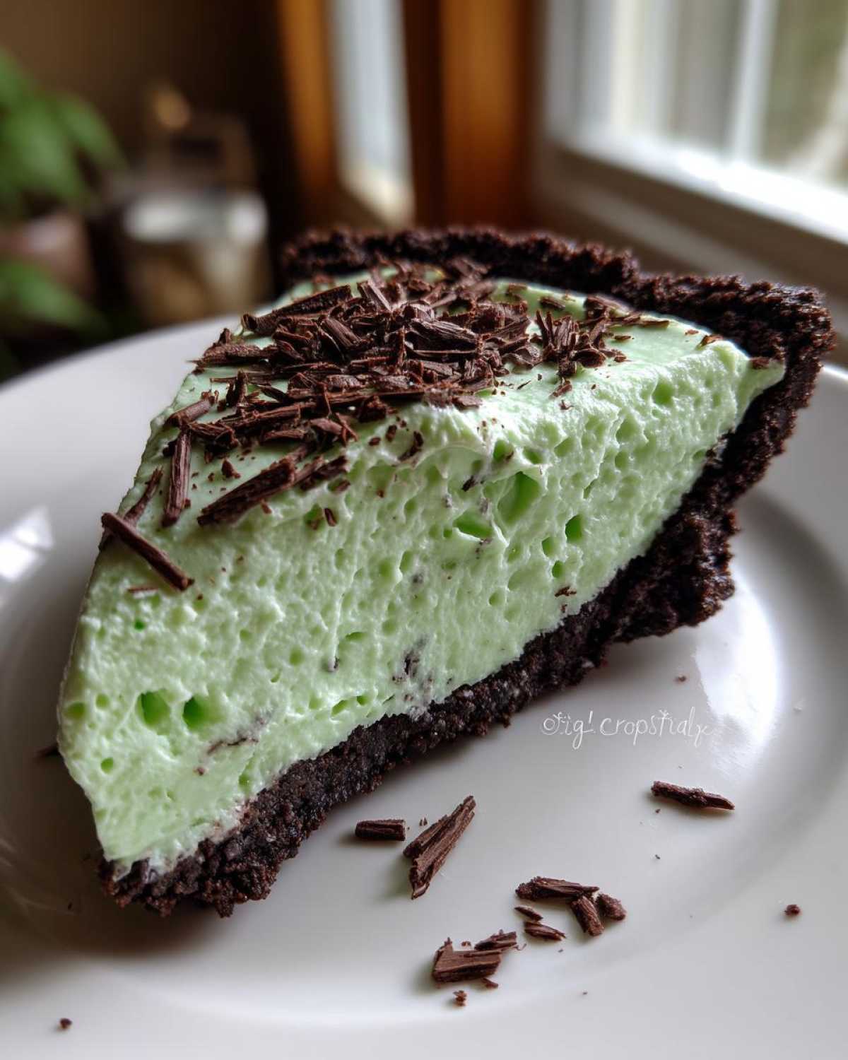 A close-up slice of bright green, creamy grasshopper pie with a dark chocolate crust, topped with chocolate shavings.