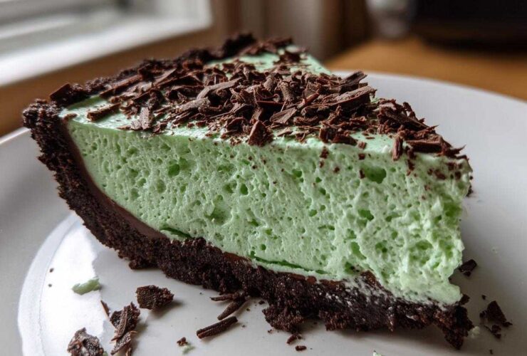 A close-up of a slice of bright green, fluffy grasshopper pie with a dark chocolate crust and topped with chocolate shavings.
