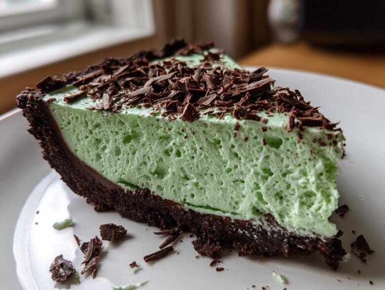 A close-up of a slice of bright green, fluffy grasshopper pie with a dark chocolate crust and topped with chocolate shavings.