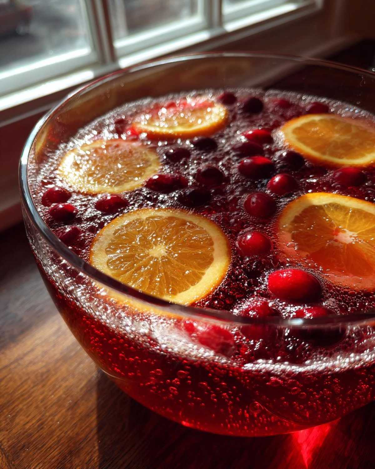 Close-up of a bubbling non-alcoholic Christmas punch garnished with fresh cranberries and orange slices.