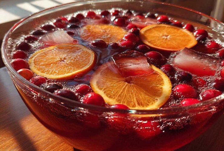 Close-up of a vibrant non-alcoholic Christmas punch in a glass bowl, garnished with orange slices, fresh cranberries, and ice cubes.
