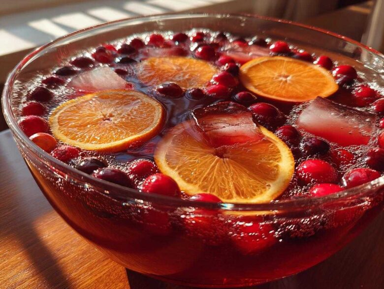 Close-up of a vibrant non-alcoholic Christmas punch in a glass bowl, garnished with orange slices, fresh cranberries, and ice cubes.