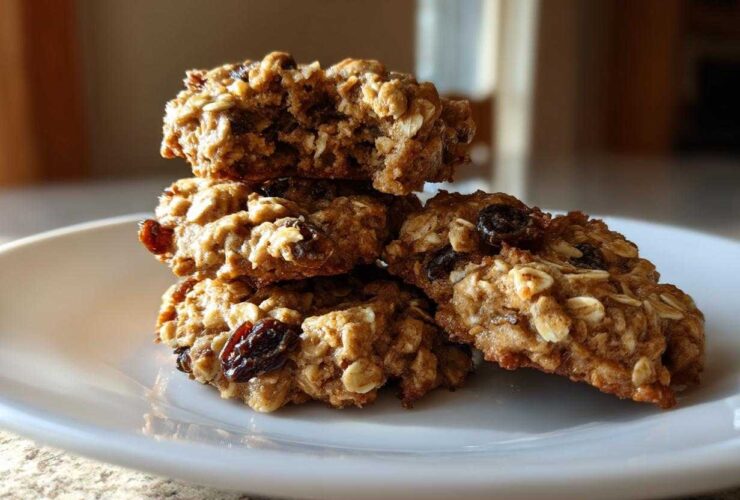 A stack of four soft, chewy oatmeal raisin cookies resting on a white plate.