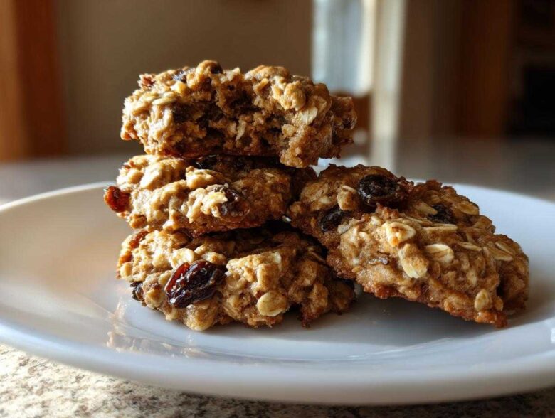 A stack of four soft, chewy oatmeal raisin cookies resting on a white plate.