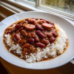 A close-up of creamy red kidney beans and sliced sausage served over fluffy white rice, a perfect beans and rice dish.