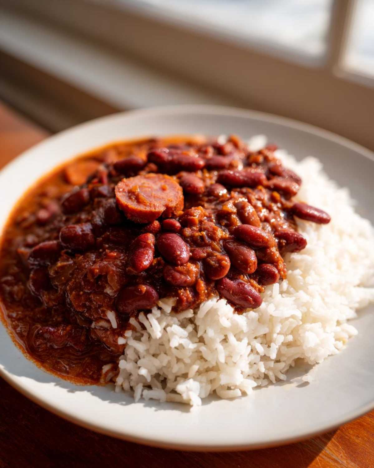 A plate of white rice topped with rich, dark red kidney beans and a slice of sausage, representing delicious beans and rice.