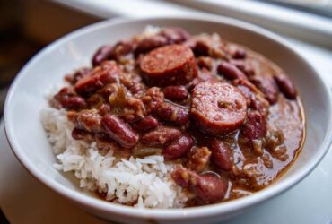 Close-up of a bowl of savory beans and rice topped with sliced smoked sausage.
