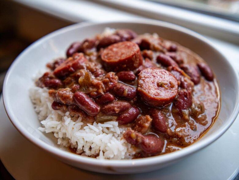 Close-up of a bowl of savory beans and rice topped with sliced smoked sausage.
