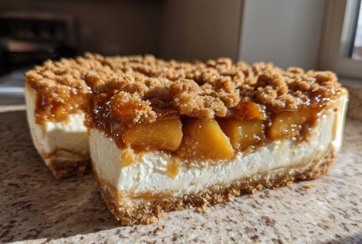 A close-up cross-section view of a rich peach cobbler cheesecake with a graham cracker crust and crumb topping.