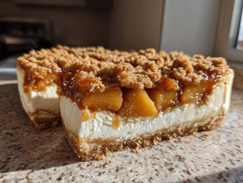 A close-up cross-section view of a rich peach cobbler cheesecake with a graham cracker crust and crumb topping.