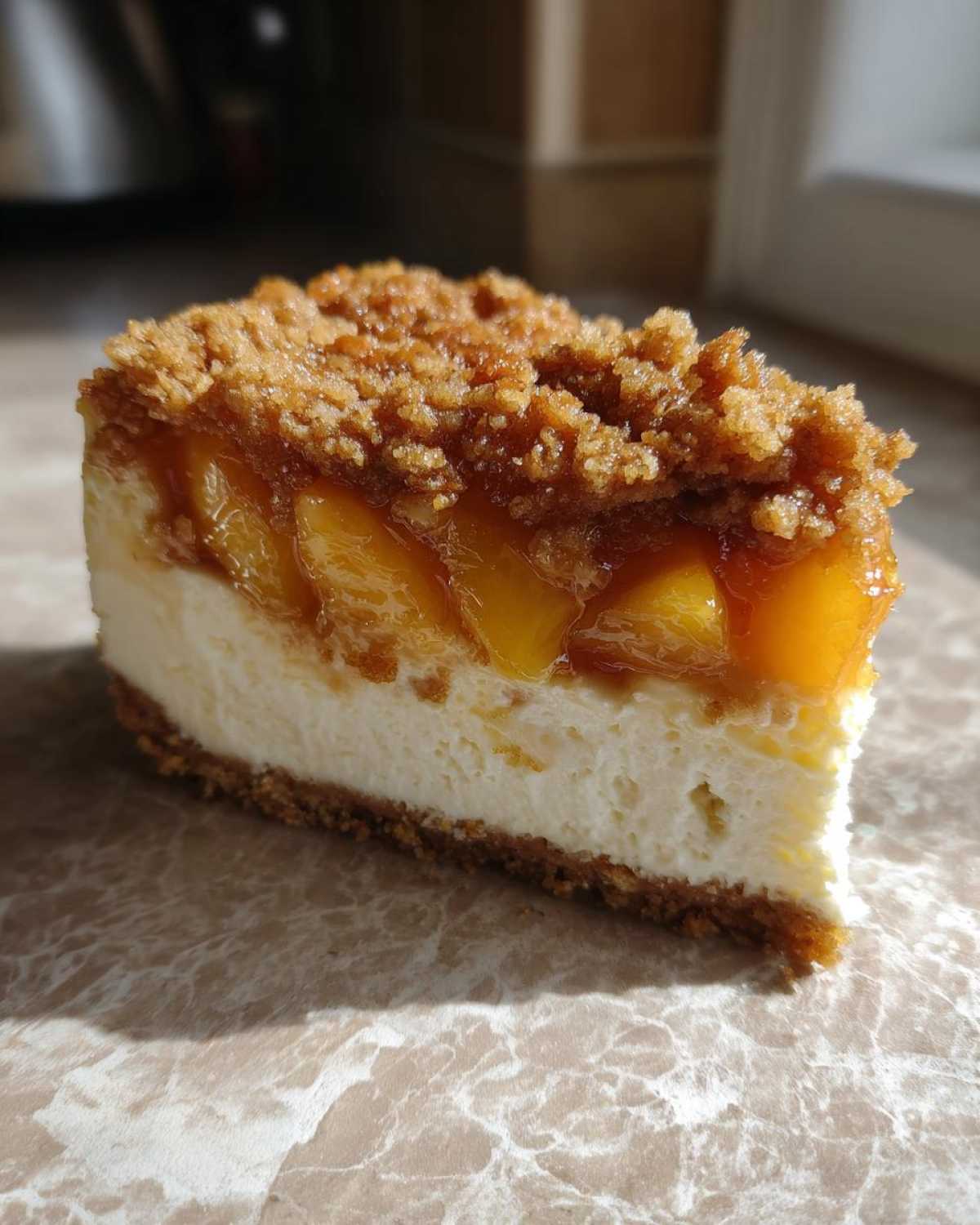 A close-up slice of peach cobbler cheesecake showing a graham cracker crust, creamy filling, and a topping of glazed peaches and brown sugar crumble.