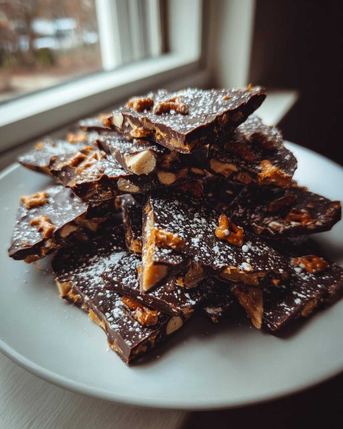 A stack of broken pieces of dark chocolate peanut butter pretzel bark sprinkled with powdered sugar.