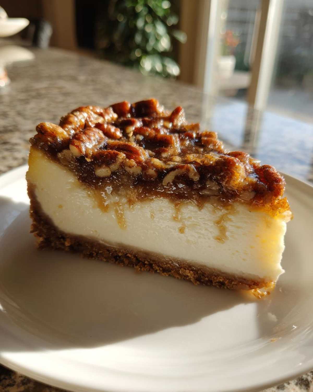 A rich slice of pecan pie cheesecake featuring a thick graham cracker crust and a glossy pecan topping.