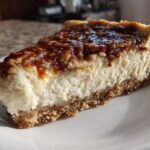 A close-up view of a thick slice of pecan pie cheesecake featuring a graham cracker crust and glossy pecan topping.