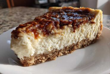 A close-up view of a thick slice of pecan pie cheesecake featuring a graham cracker crust and glossy pecan topping.