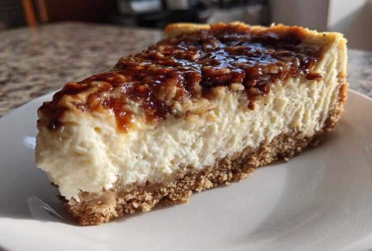 A close-up view of a thick slice of pecan pie cheesecake featuring a graham cracker crust and glossy pecan topping.