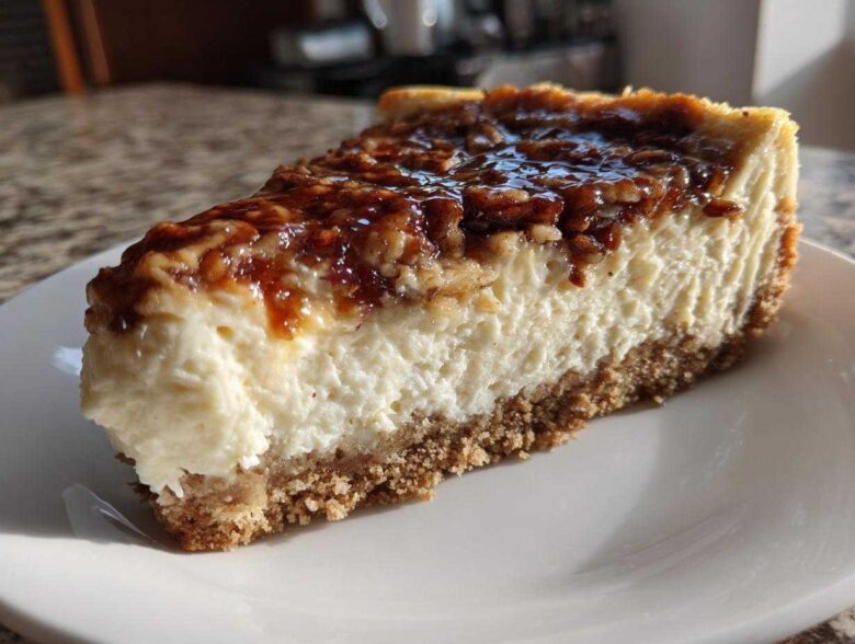 A close-up view of a thick slice of pecan pie cheesecake featuring a graham cracker crust and glossy pecan topping.