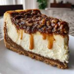 A decadent slice of pecan pie cheesecake showing a thick graham cracker crust, creamy filling, and pecan topping with caramel dripping down the side.