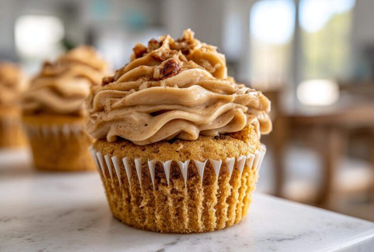 A close-up of a single, perfectly frosted pecan pie cupcake topped with chopped pecans and cinnamon.