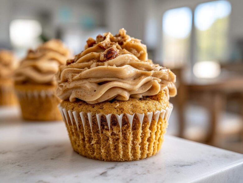 A close-up of a single, perfectly frosted pecan pie cupcake topped with chopped pecans and cinnamon.