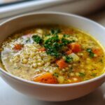 A close-up of a white bowl filled with steaming penicillin soup, featuring small pasta, carrots, and fresh parsley garnish.